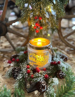 Windlicht aus Glas mit Hanfseil Henkel Bergdorfmotiv silber H10