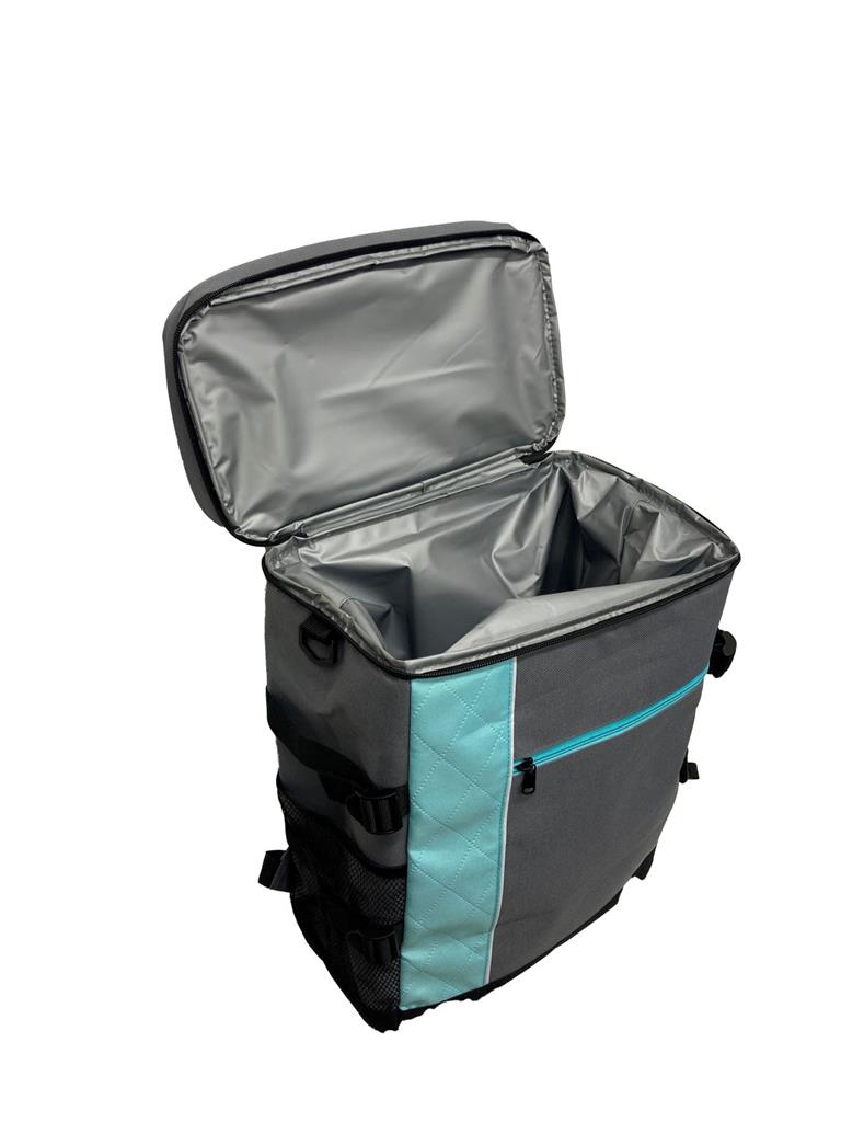 Kühltasche als Rucksack Farbe grau mit Streifen in der Farbe Türkis