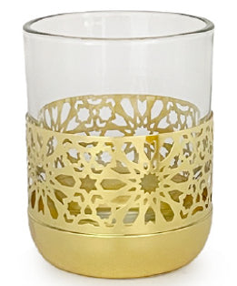 Windlicht aus Glas 
mit goldiger Metallverzierung 
D10cm H12.5cm