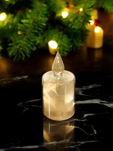 LED Glas Deko als Kerze transparent gold mit 10 LED Sternenmotive 3D