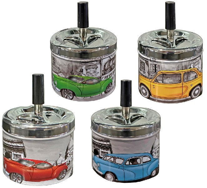 Schleuder-Aschenbecher rund D:9 H:12cm mit Design Retro Car Metall verchromt