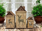 Laterne 3er Set Haus aus Holz mit Hirsch Design mit Metalldach Farbe: Braun