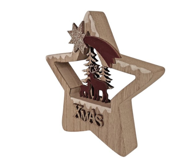 Deko Aufsteller Stern mit Rentier und Wald aus Holz