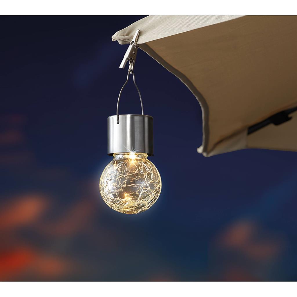 LED Solar Hängekugel Glas transparent
6x6x9cm- crackle Glas
Warm weisses Licht