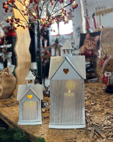 Laterne Forest 2er Set Haus aus Metall Weiss gold