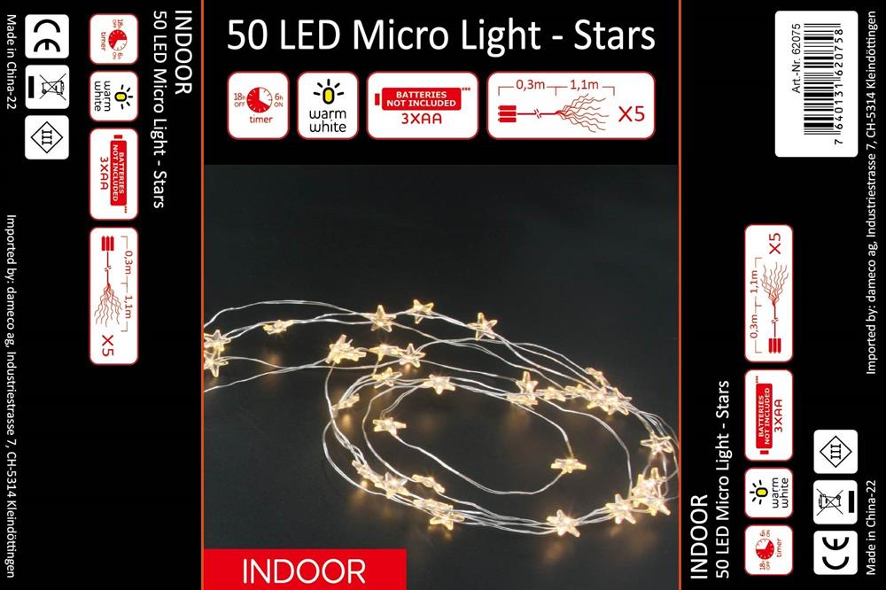 LED Micro Draht Lichterkette mit Sternen 50 LED
L: 110cm
silber Draht