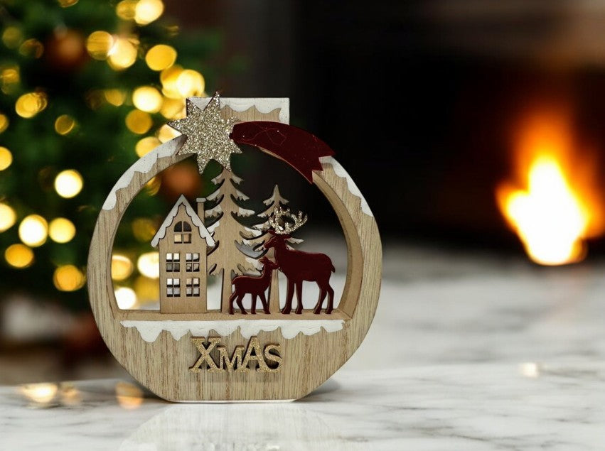 Deko Aufsteller rund naturfarben mit Rentier und Wald aus Holz goldiger Stern