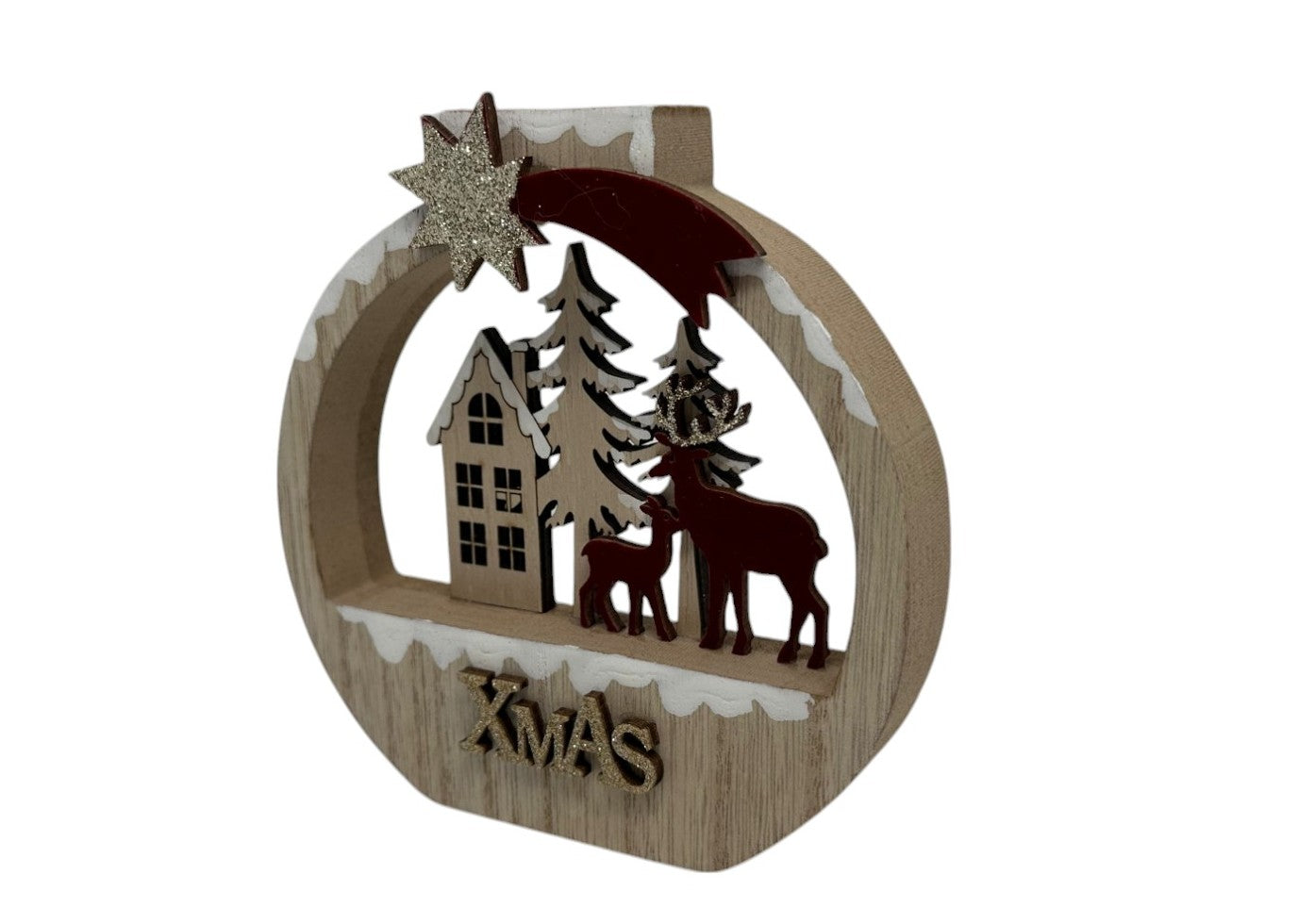 Deko Aufsteller rund naturfarben mit Rentier und Wald aus Holz goldiger Stern