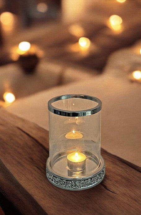 Windlicht aus Glas mit Strasssteinen auf Metallsockel H17cm