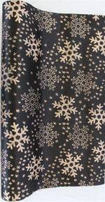 Tissu déco satiné noir
 +paillettes de champagne
 Conception: Flocons de neige
 36 cm x 300 cm - roulé