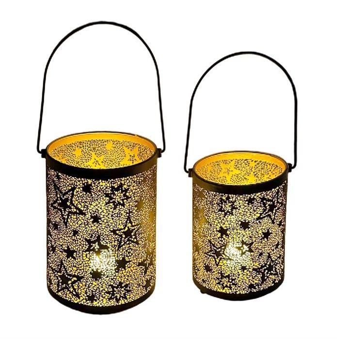 Windlicht 2er Set schwarz aus Metall mit Sternen Design und Henkel