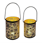 Windlicht 2er Set schwarz aus Metall mit Sternen Design und Henkel