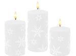 LED Echtwachskerze mit Schneeflocken Motiven D7.5cm x H10cm