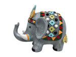 Deko Elefant 
grau mit buntem Sattel und Kopfschmuck 
11.5 x19.5 x15.5cm