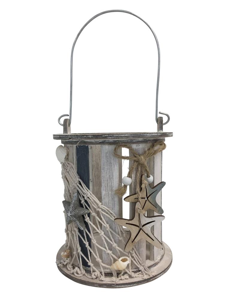 Windlicht aus Holz Maritim D:12cm H:14.5cm mit Netz dekoriert und Henkel