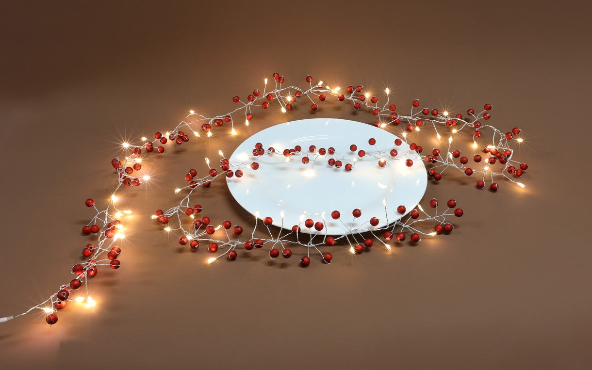 LED Lichterkette Cluster 
mit roten Kügelchen 
72 warm weisse LED 
Länge 180cm