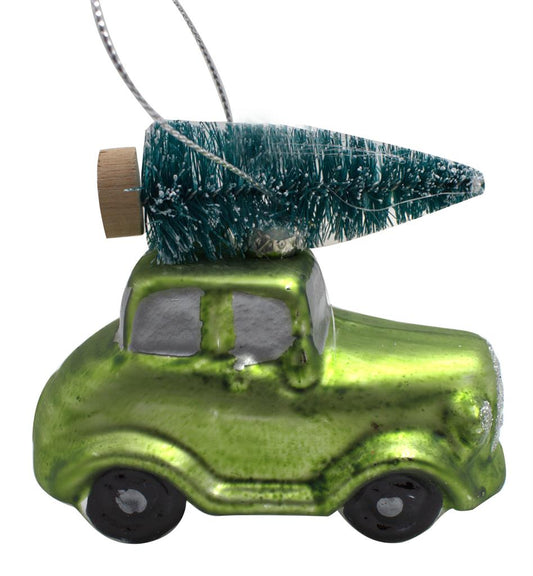 Hänger Auto aus Glas
Farbe: Grün mit Tannenbaum 
Grösse: 8cm x 6,5cm x 4,5cm