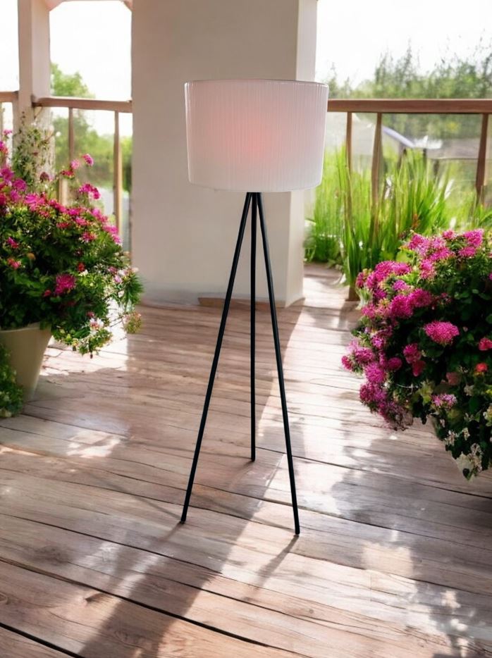 LED Solar Stehleuchte mit 3 Fuss Stativ runder Lampenschirm D38cm x H144cm