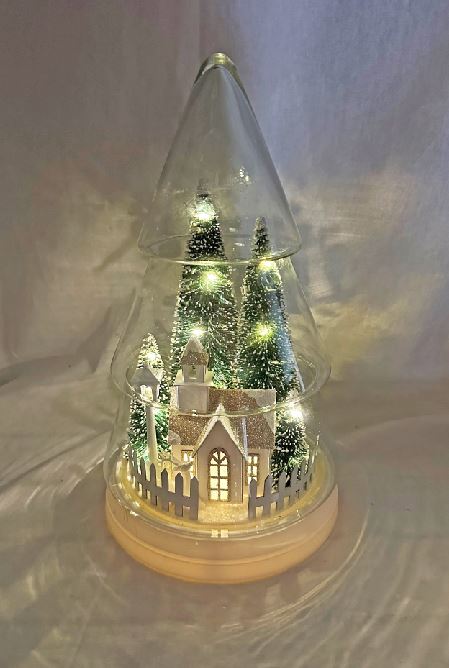 LED Glas Haube mit Tannenbaum und Häuschen mit 25LED Grösse D19cm H32cm
