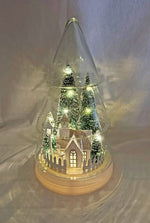 LED Glas Haube mit Tannenbaum und Häuschen mit 25LED Grösse D19cm H32cm