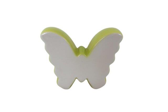 Schmetterling zum Stellen aus Keramik 
Farbe: Weiss/Grün 
H: 9.5cm T:3cm B:10.3cm