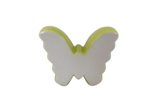 Schmetterling zum Stellen aus Keramik 
Farbe: Weiss/Grün 
H: 9.5cm T:3cm B:10.3cm