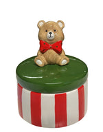 Deko Dose Teddybär weiss rot gestreift grüner Deckel