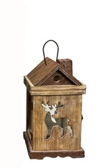 Laterne Haus aus Holz mit Hirsch Design mit Metalldach Farbe: Braun