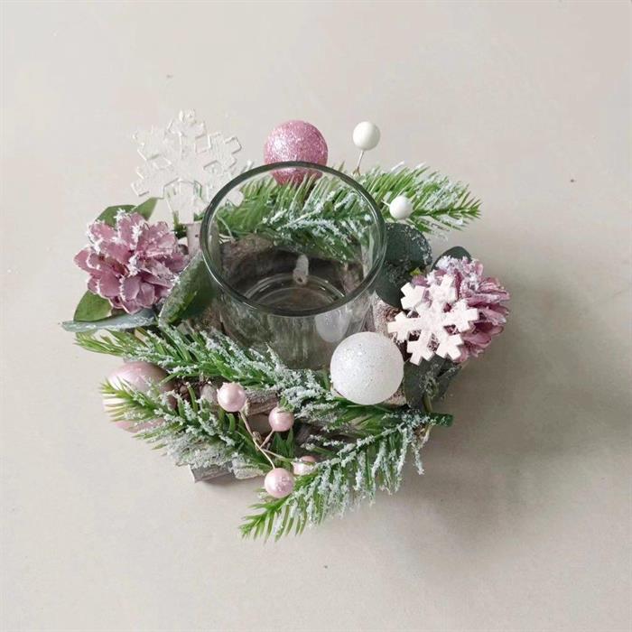 Bougeoir de Noël en bois
 avec des éléments décoratifs roses
 pour une bougie ou une bougie chauffe-plat