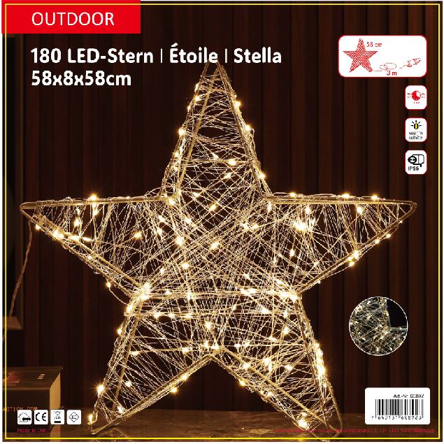 LED Stern Outdoor Metall
mit 180 LED
Farbe: Silber
D: 58cm - T:8cm