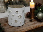 Windlicht aus Glas 
weiss mit Sternenmotiv H10cm