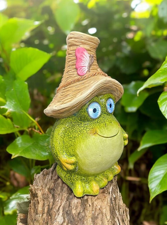 LED Solar Figur Frosch grün mit Hut und rotem Schmetterling