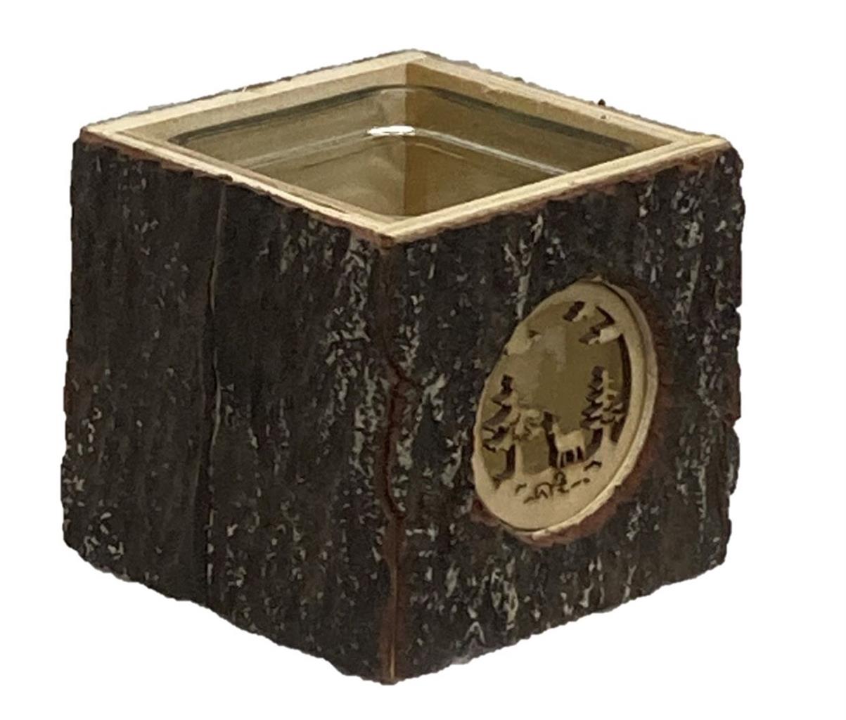 Windlicht aus Holz mit Glaseinsatz L9cm x B9cm xH9cm Motiv: Waldszene