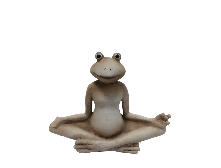 Frosch aus Polyresin 
Farbe: Braun/Weiss 
L:12cm B:4cm H:10cm