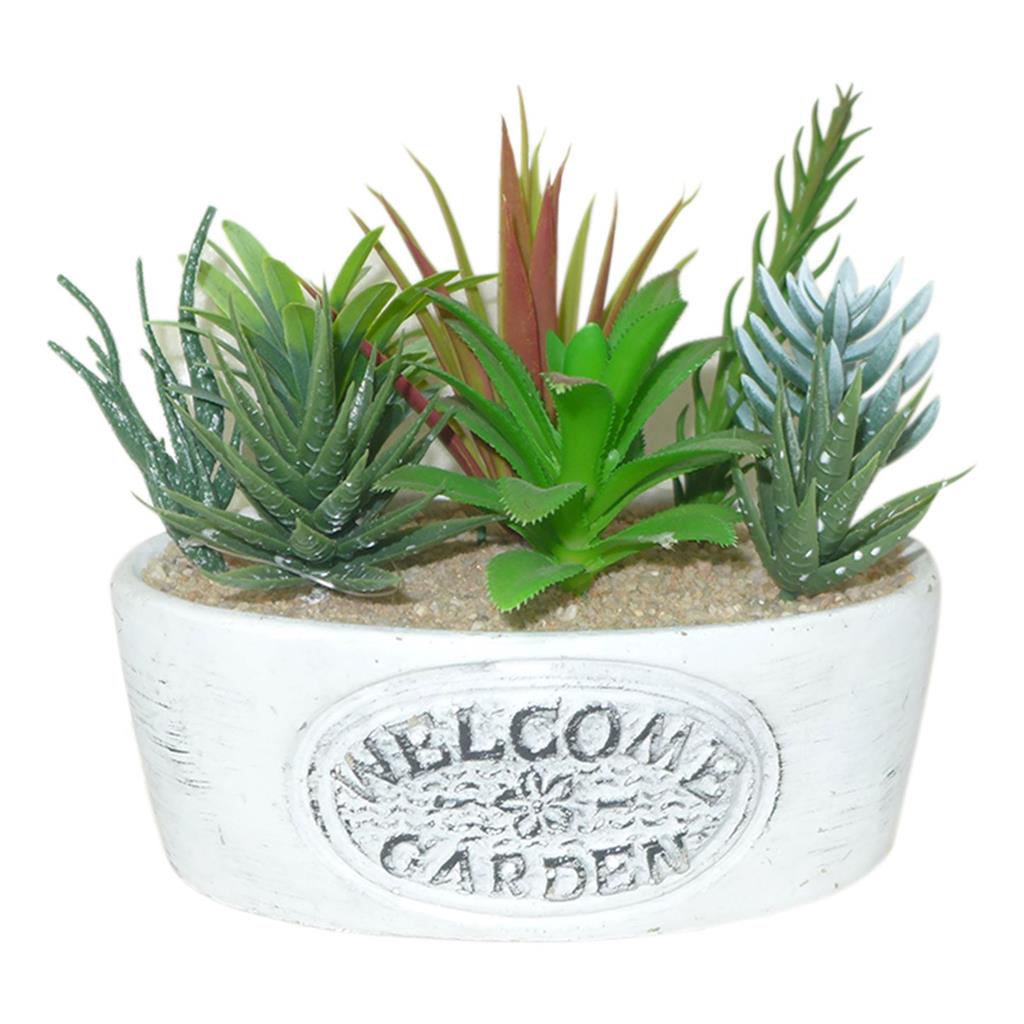 Kunstblume Sukkulenten im Beton Topf  "Welcome" 
H: 16cm B: 20cm T: 11cm