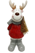 Deko Figur Elch aus Dolomit mit Baum aus Metall rot weiss H21cm