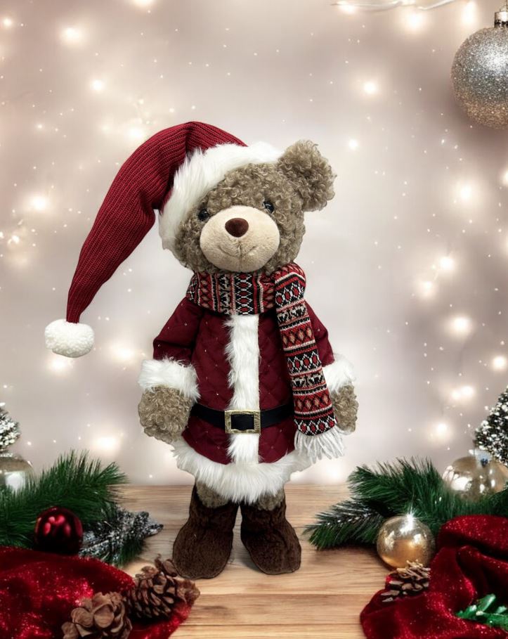 Deko Figur Bär stehend H65cm roter geschlossener Mantel auf Feder wippend montiert