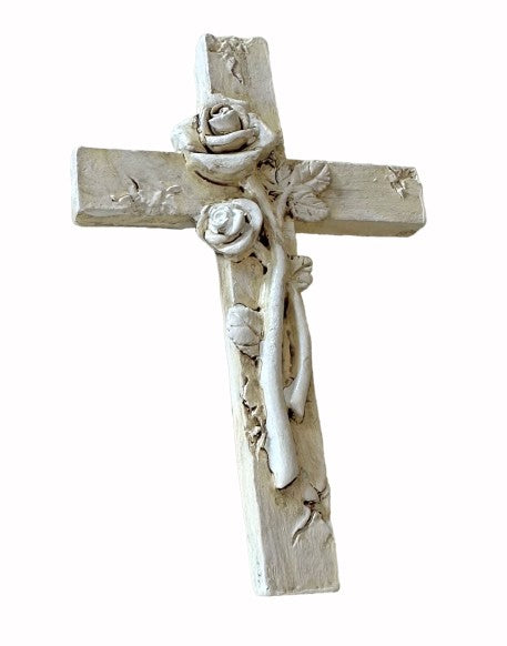 Kreuz aus Polyresin H10.5cm grau verziert mit Blume