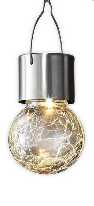 LED Solar Hängekugel Glas transparent
6x6x9cm- crackle Glas
Warm weisses Licht