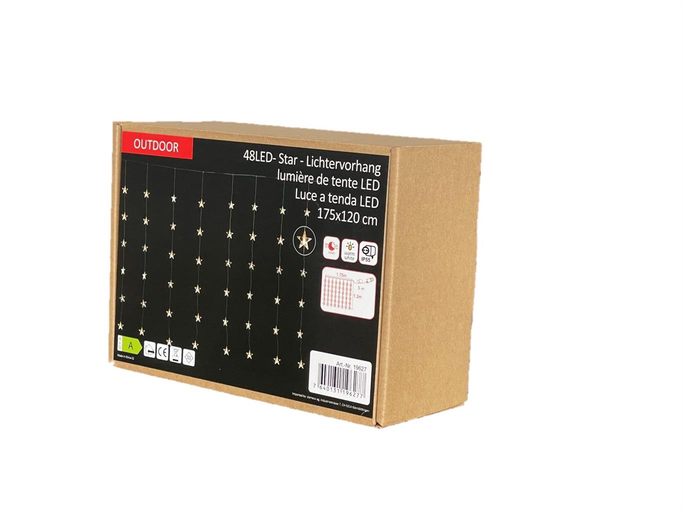 LED Lichtervorhang Outdoor 
mit Sternen 48 LED
B:175cm H:120cm
Warm weisses Licht