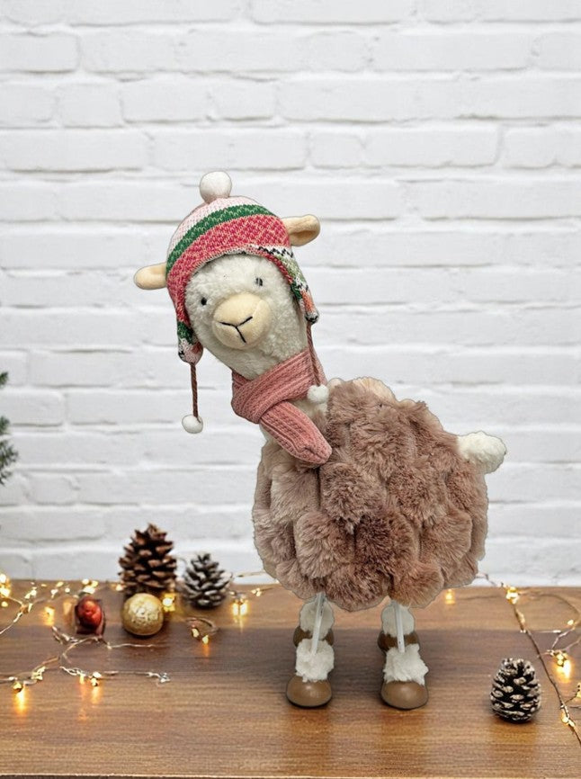 Deko Alpaca stehend wippend in Weiss mit Mütze rosa