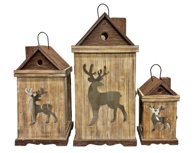 Laterne 3er Set Haus aus Holz mit Hirsch Design mit Metalldach Farbe: Braun
