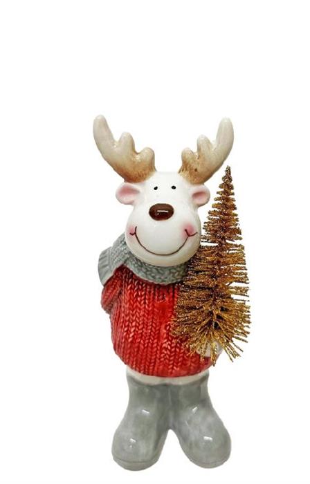Deko Figur Elch aus Dolomit mit Baum aus Metall rot weiss H15cm