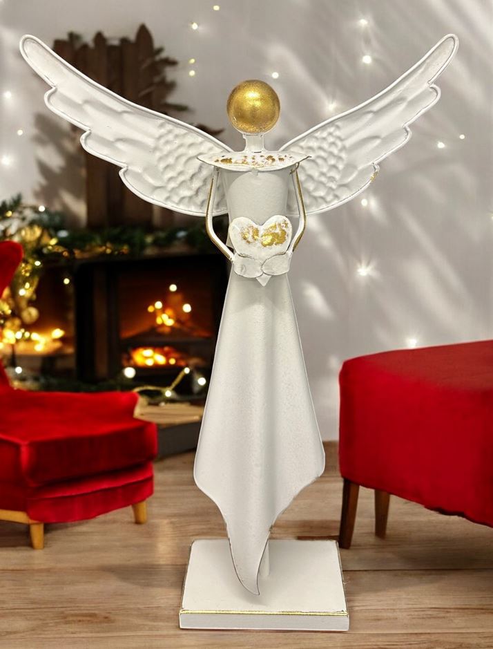 Deko Engel aus Metall mit Herz altweiss gold H51cm