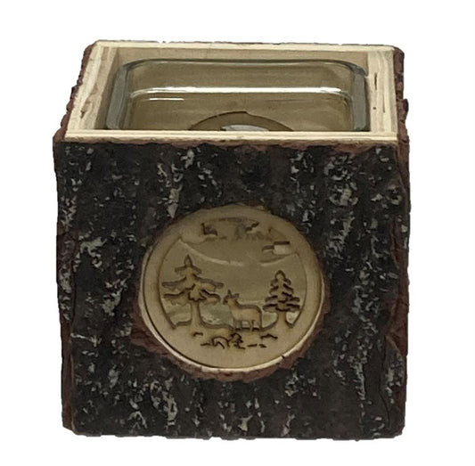 Windlicht aus Holz mit Glaseinsatz L9cm x B9cm xH9cm Motiv: Waldszene