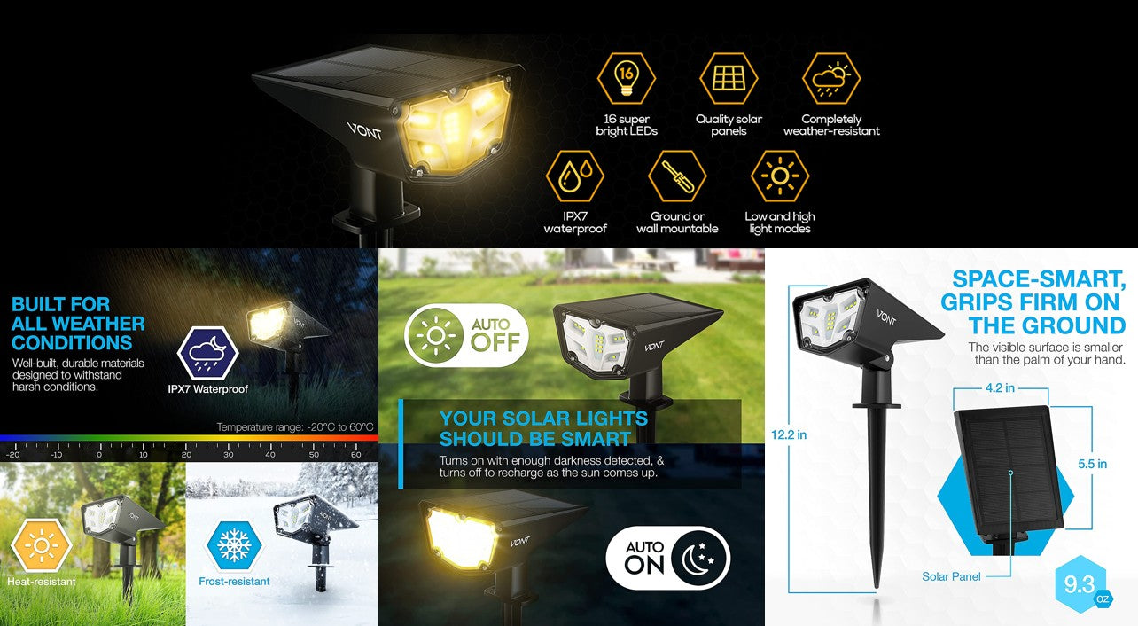 LED Solar Outdoor Leuchte Spot 
Grösse: 10.2x14.3x32cm 
16 superhelle LED