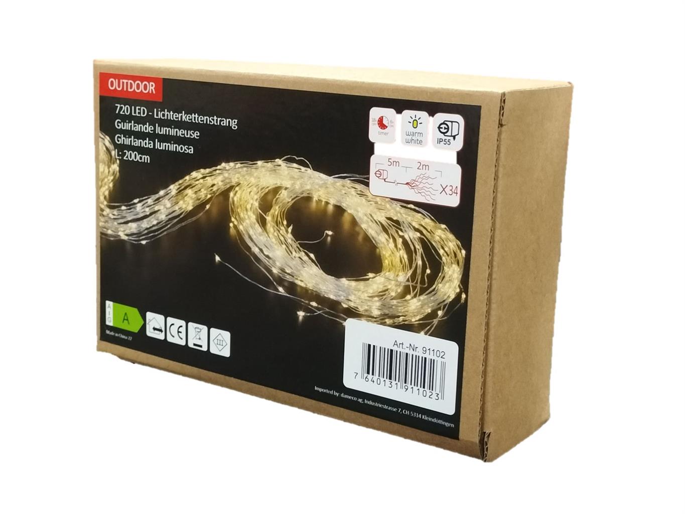 LED Outdoor Lichterkettenstrang 
720 LED - L: 200cm silber Draht
Warm weiss Licht