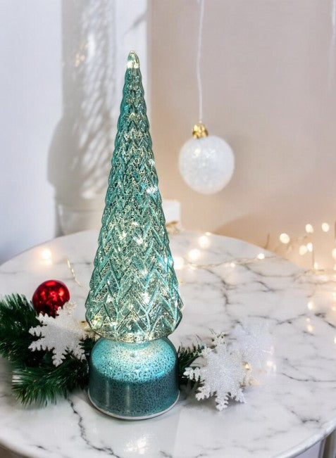 LED Glas DekoTannenbaum rotierend türkis, transparent mit 20 LED