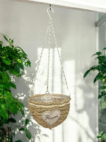 Pflanzkorb rund aus 
Seegras Geflecht 
zum Hängen mit 
Metallrahmen und Kette