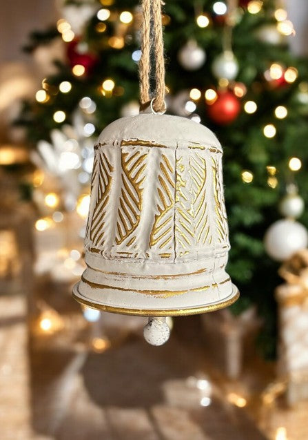 Deko Glocke aus Metall altweiss gold H14cm